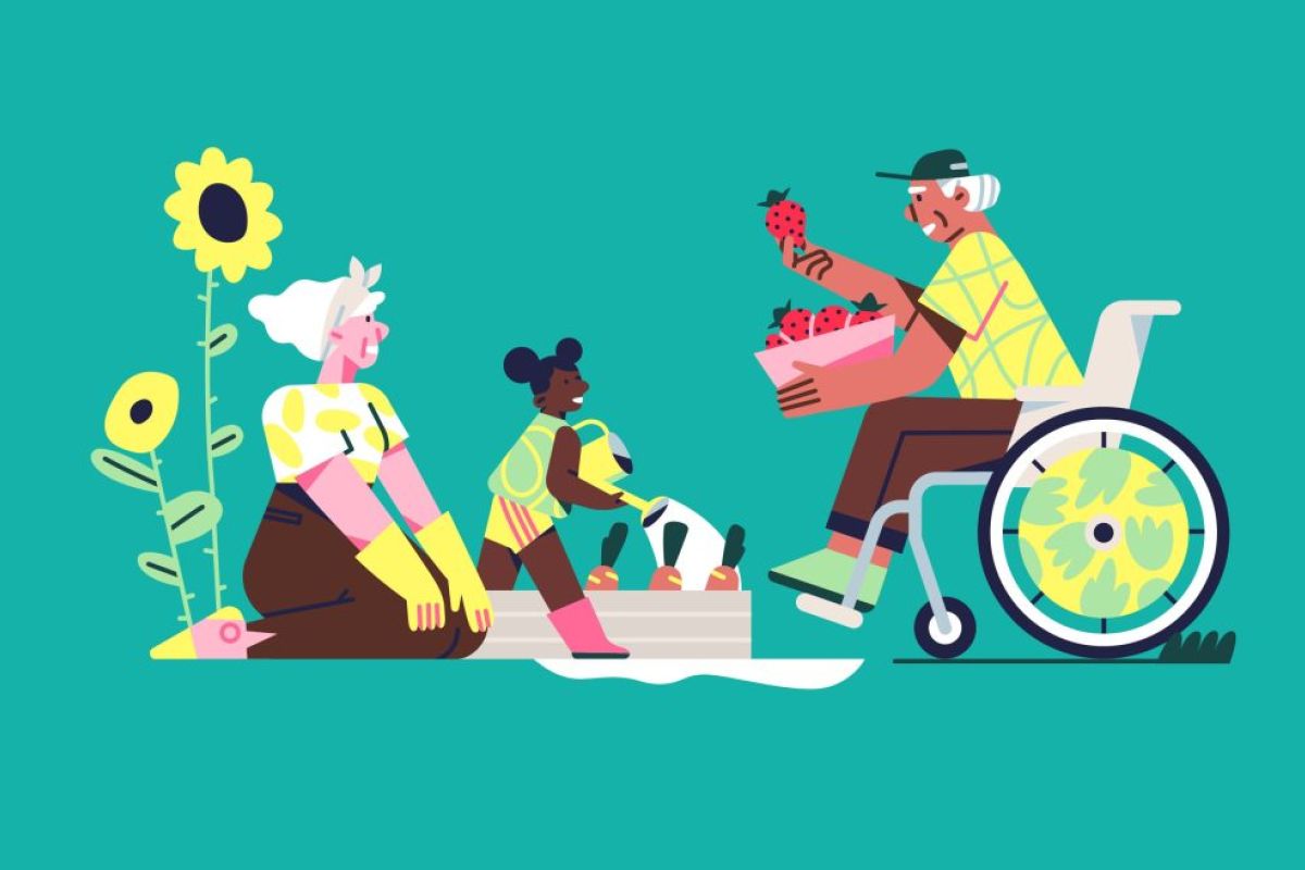 Drei illustrierte Menschen gärtnern, einer sitzt dabei im Rollstuhl