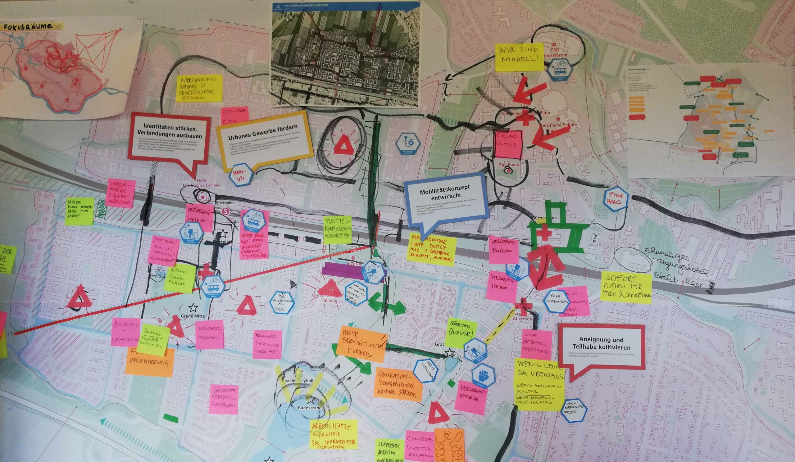 Plan von Oberbillwerder mit verschiedenen Anmerkungen auf Klebezetteln