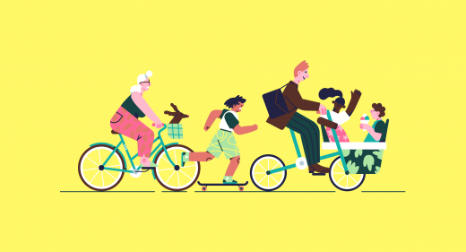 Fünf illustrierte Menschen auf dem Skateboard und auf Fahrrädern