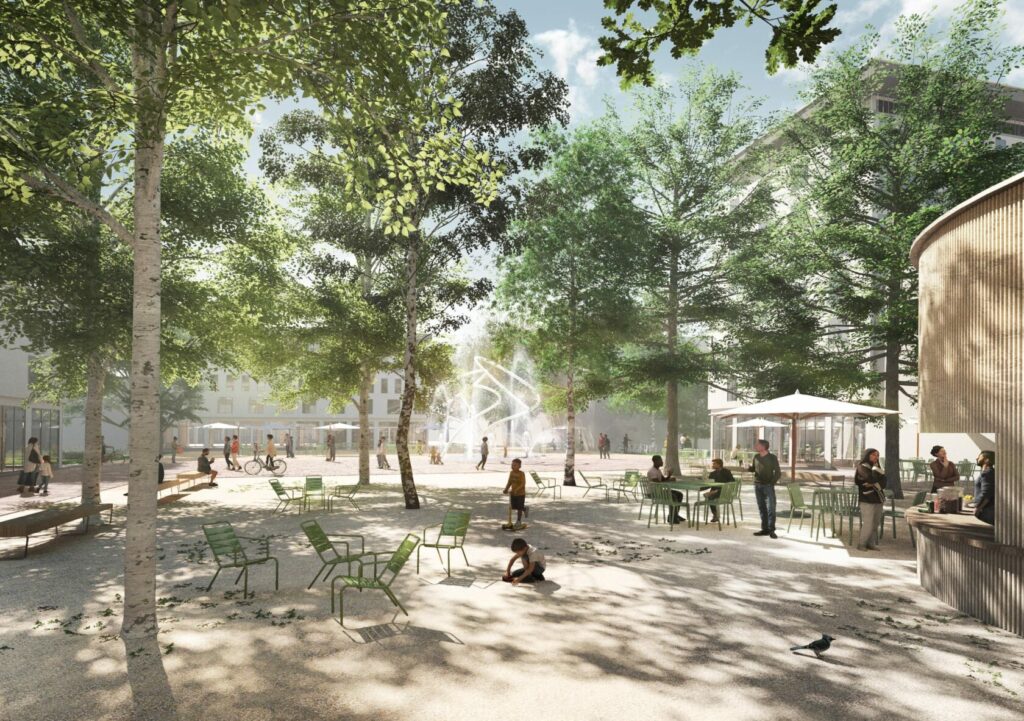 Visualisierung des Quartiersplatzes mit Bäumen, Wasserspiel und Sitzmöglichkeiten