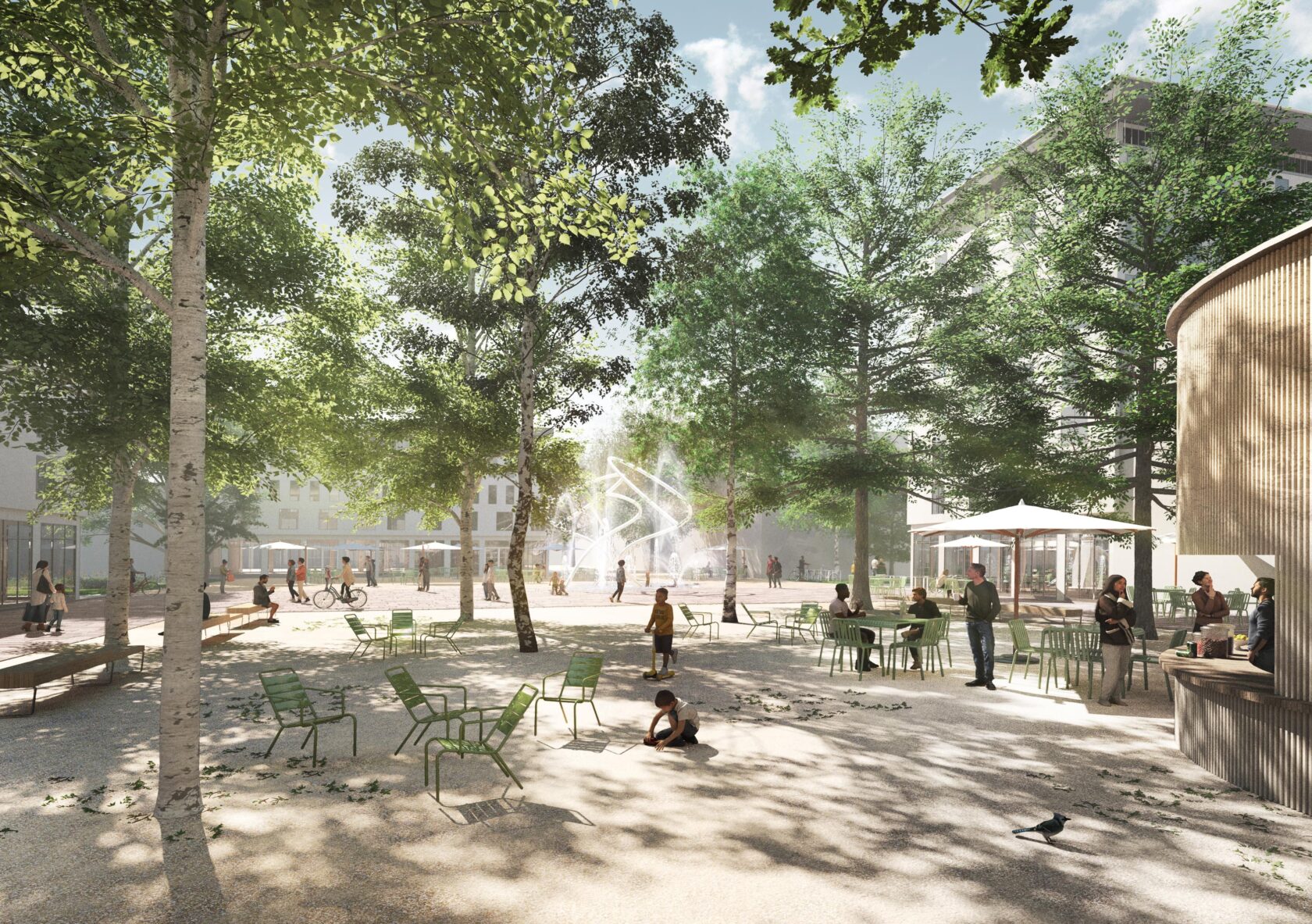 Visualisierung des Quartiersplatzes mit Bäumen, Wasserspiel und Sitzmöglichkeiten