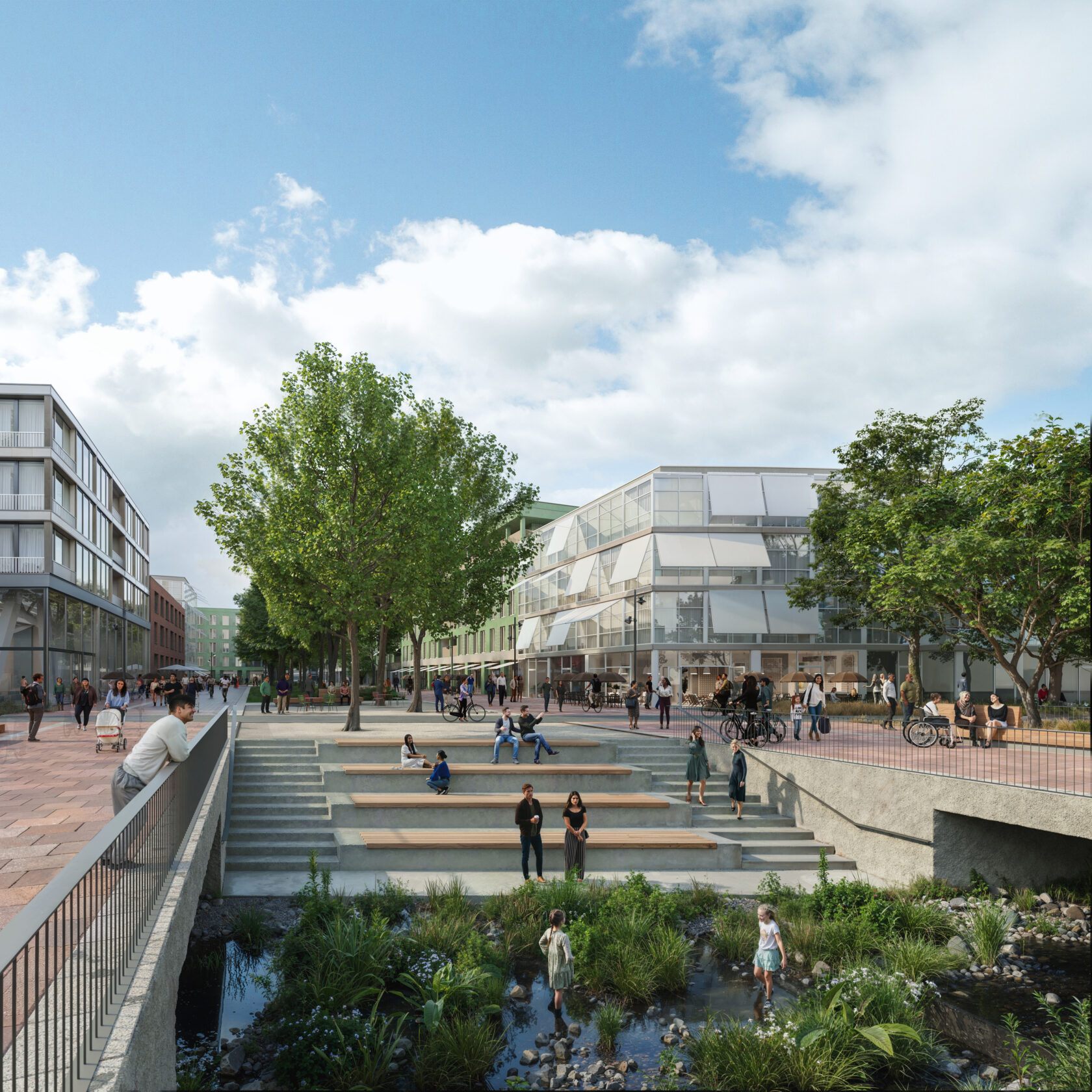Visualisierung Zentrale Achse mit Treppe als Sitzmöglochkeit, dahinter ein Platz mit Bäumen und Gschäften