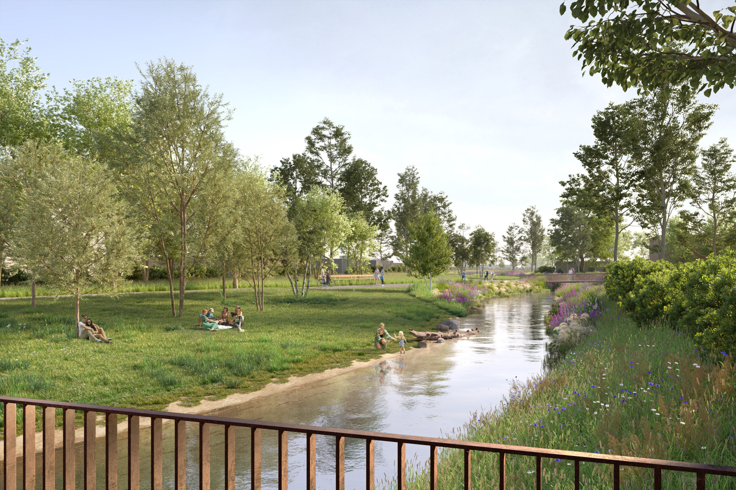 Visualisierung eines Parks mit Grün und Wasser