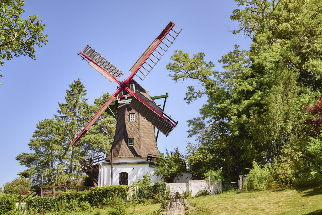 Die Bergedorfer Mühle umgeben von Bäumen, blauer Himmel